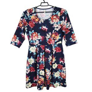 Womens Gilli Blue Red Floral Pleated Dress 3/4 Sleeve Polyester Stretch Size 2X